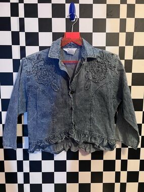 Roper Washed Black Denim Button-Down Shirt with Floral Applique